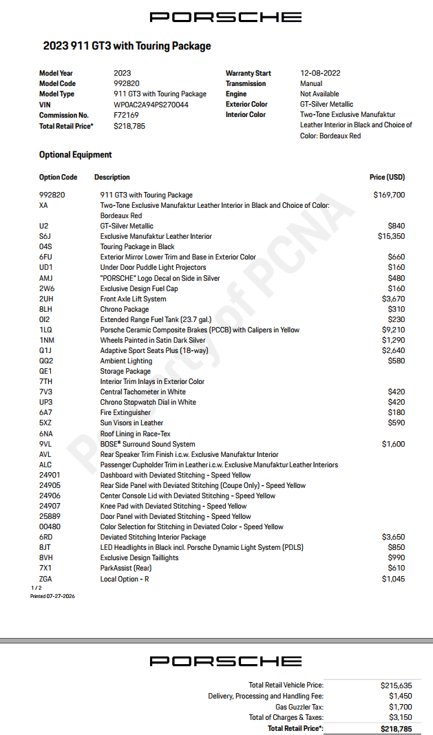 Porsche factory build sheet