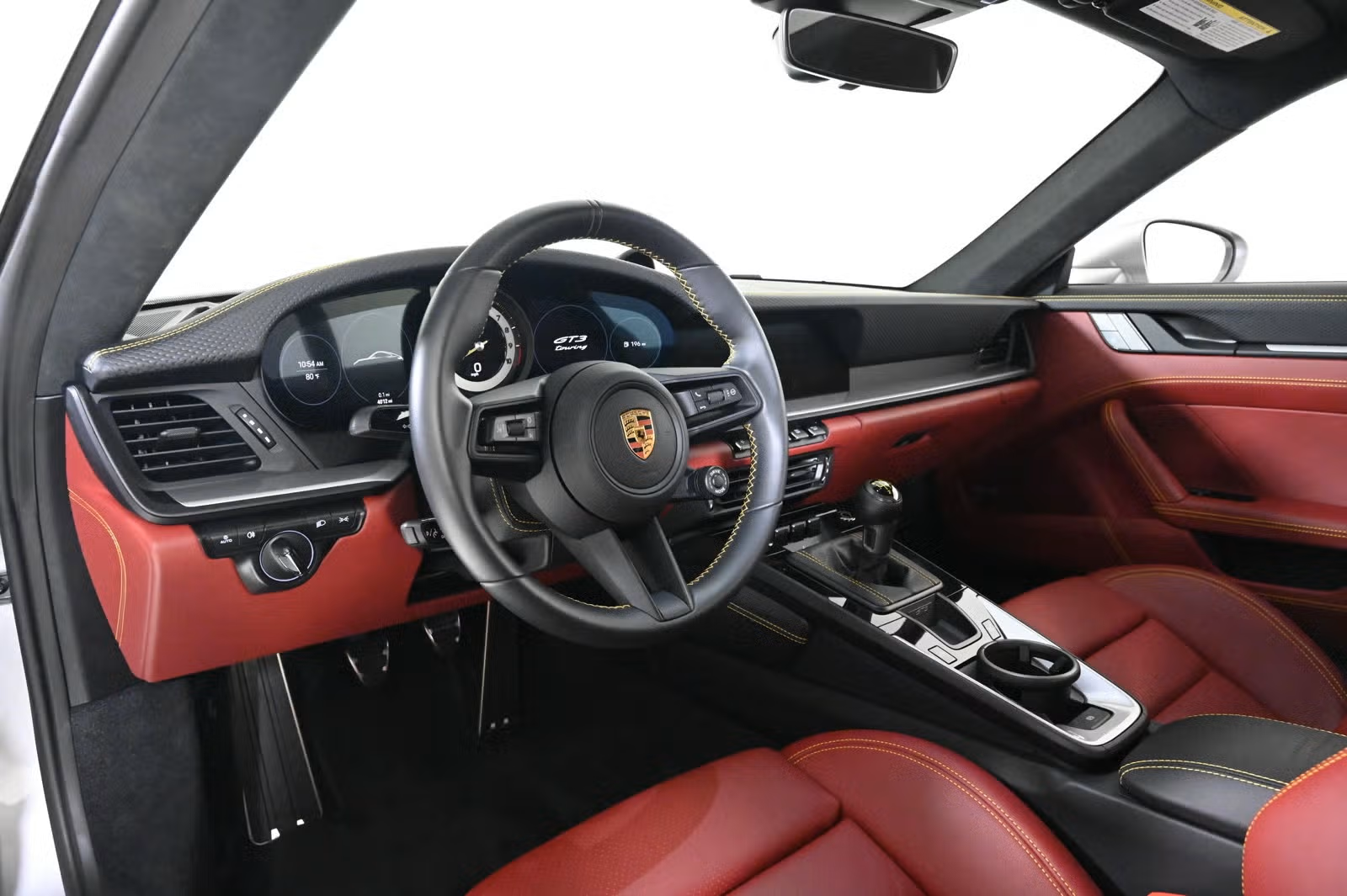 Full cabin, wide view, red and black interior